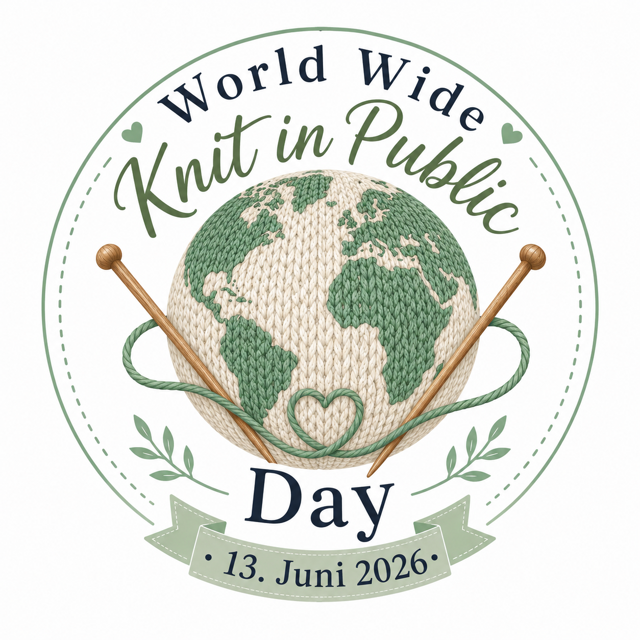 Rundes Logo mit dem Text World Wide Knit in Public Day. Zentriert sehen wir eine Weltkugel aus gestrickter Wolle in beige und grün mit zwei Stricknadeln dabei. Ein Wollfaden umgibt diese Weltkugel und formt gleichzeitig ein Herz. Darunter das Datum, 13. Juni 2026 Rundes Logo mit dem Text World Wide Knit in Public Day. Zentriert sehen wir eine Weltkugel aus gestrickter Wolle in beige und grün mit zwei Stricknadeln dabei. Ein Wollfaden umgibt diese Weltkugel und formt gleichzeitig ein Herz. Darunter das Datum, 13. Juni 2026