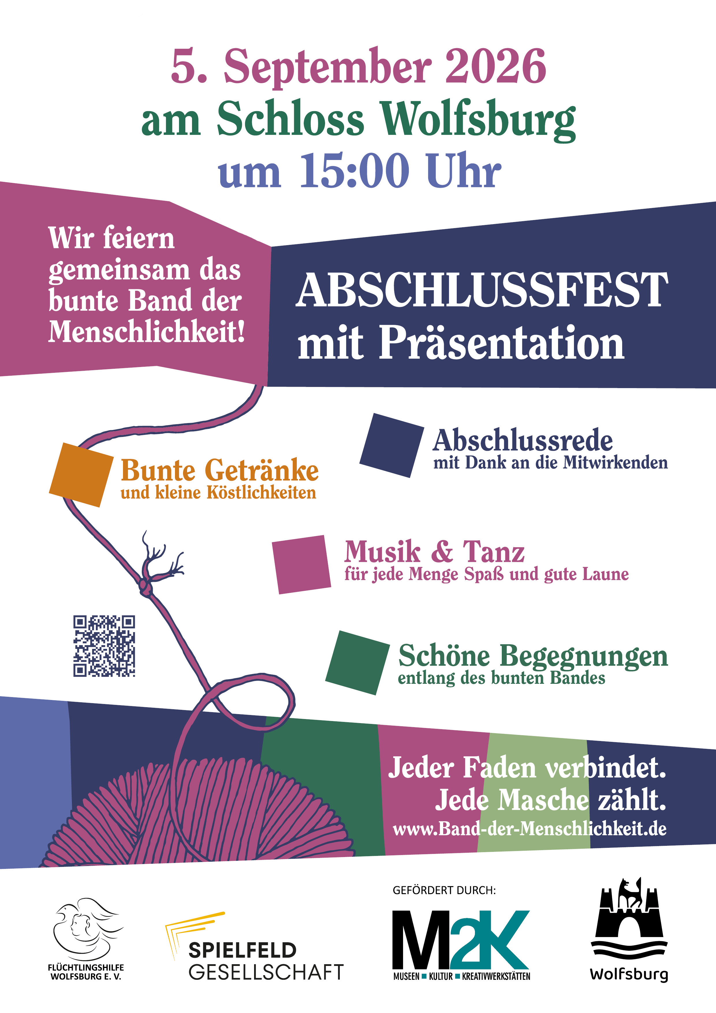 Abschlussfest mit Präsentation: 5. September 2026 um 15:00 Uhr am Schloss Wolfsburg - Bunte Getränke, Musik und Tanz, schöne Begegnungen entlang des Bunten Bandes, Abschlussrede
